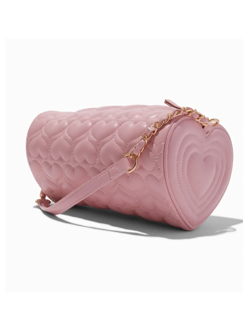 Claire's Pink Heart Quilted Barrel Crossbody Bag with Gold Chain